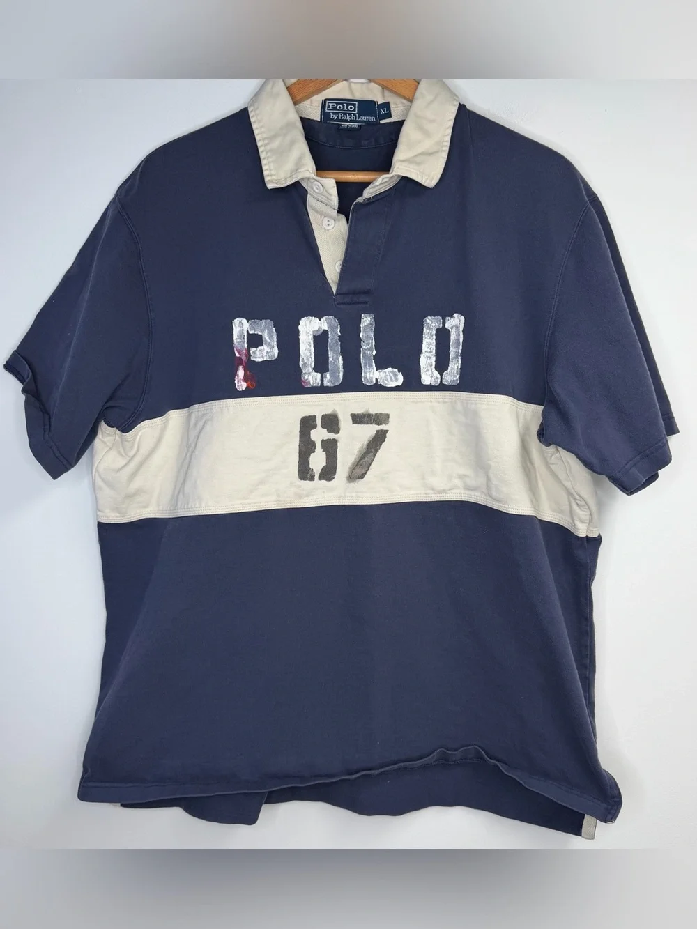 Polo Ralph Lauren Vintage Rugby Navy White Graphic Shirt 100% Cotton XL